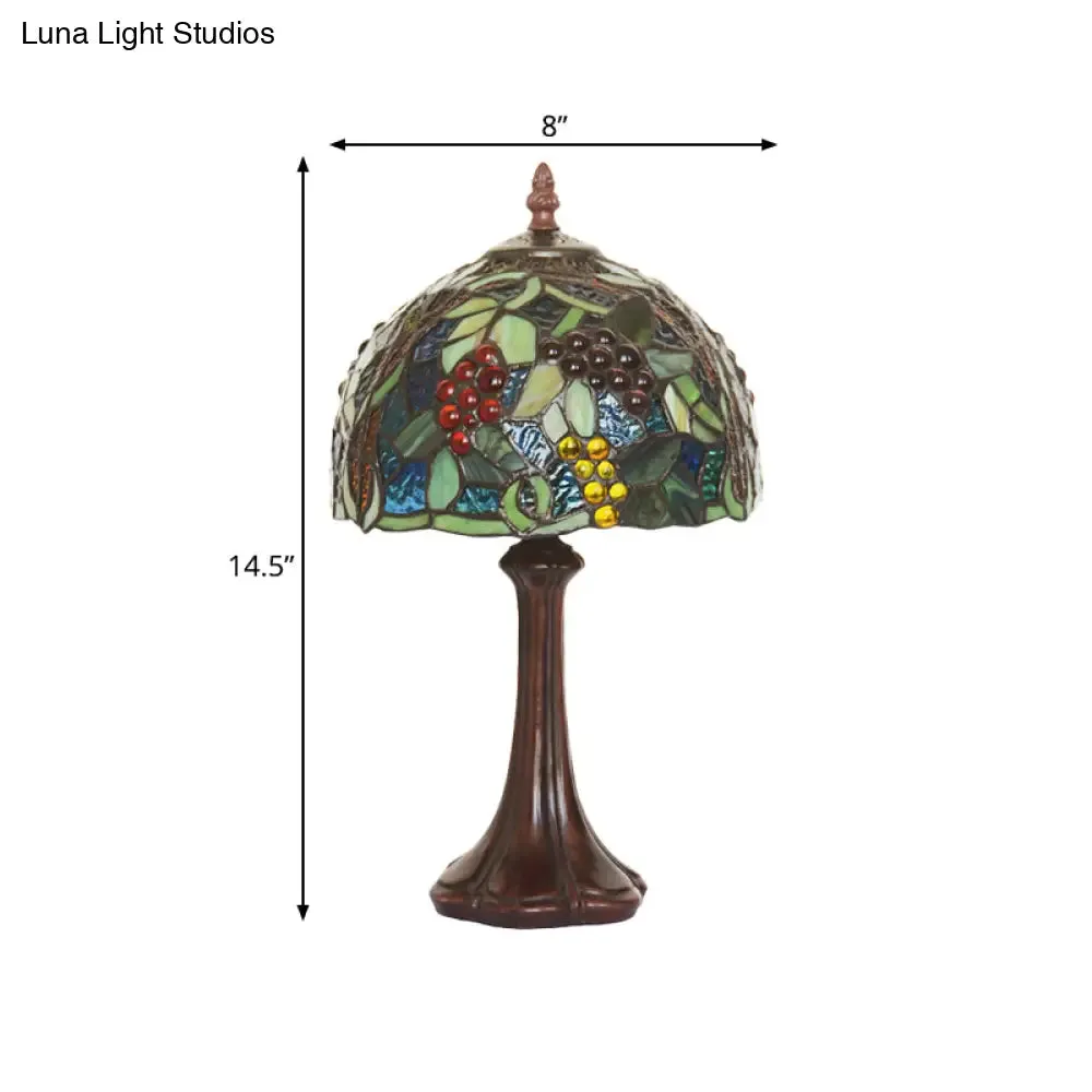 1-Light Tiffany Coffee Bedside Lamp with Stained Glass Dome Shade and Grapes Pattern, Night Light