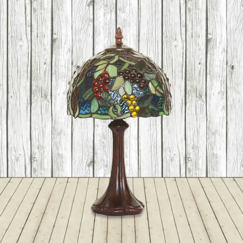 1-Light Tiffany Coffee Bedside Lamp with Stained Glass Dome Shade and Grapes Pattern, Night Light