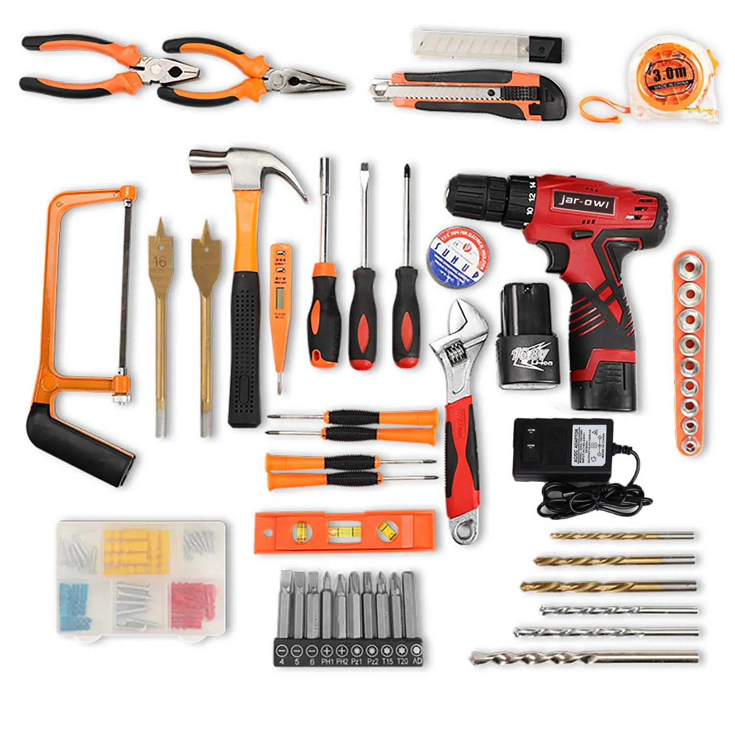 108 Piece Power Tool Combo Kits with 16.8V Cordless Drill, Household Tools Set with DIY Hand Tool Kits for Professional Garden Office Home Repair