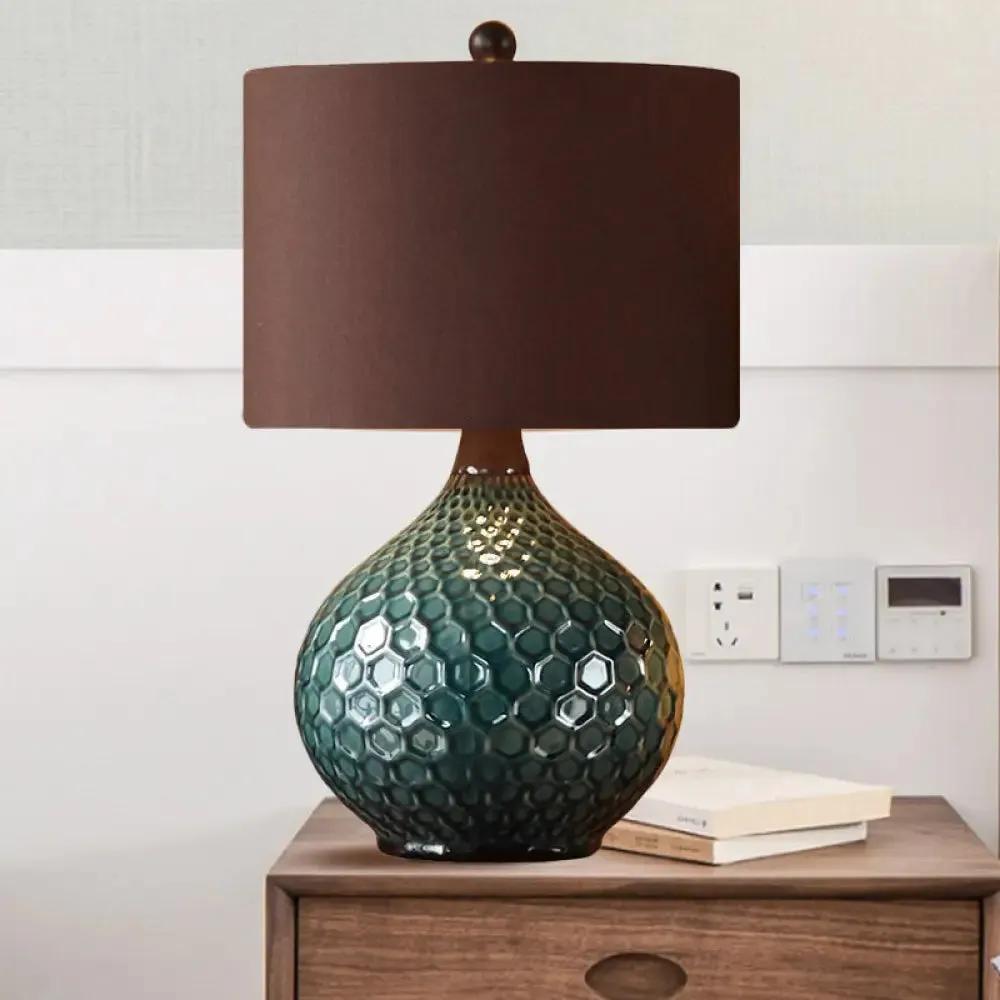 11"/14" Coffee 1-Light Desk Lamp with Antiqued Style Fabric Drum Shade for Nightstand