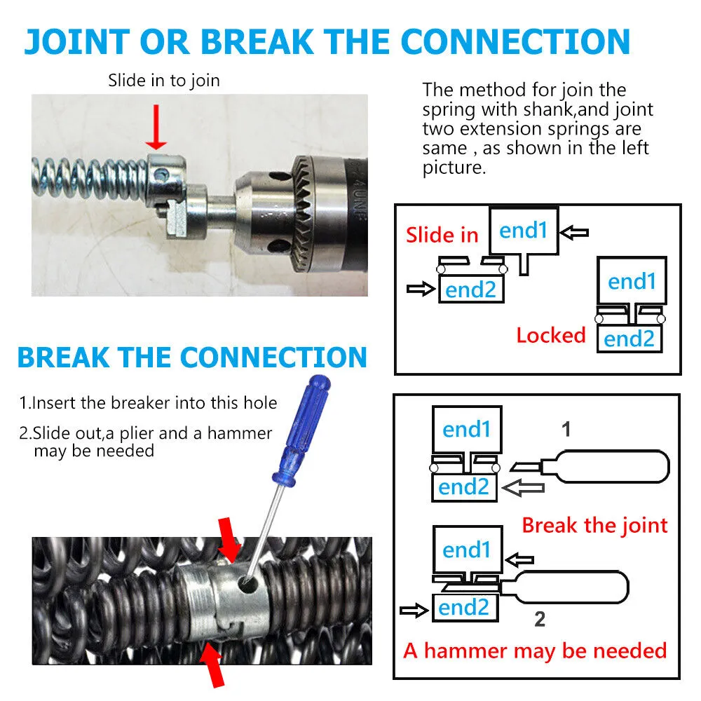 12M Electric Drain Snake & 6 Drill Bits, Steel Pipe Cleaner