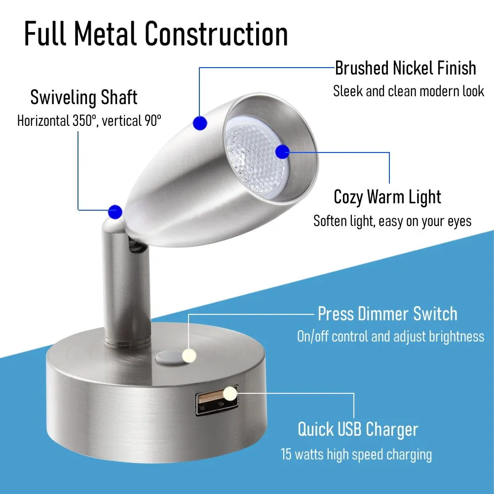 12V LED Spot Reading Light RV Dimmable with USB Charger Swivel Hard-wired(Brushed Nickel)