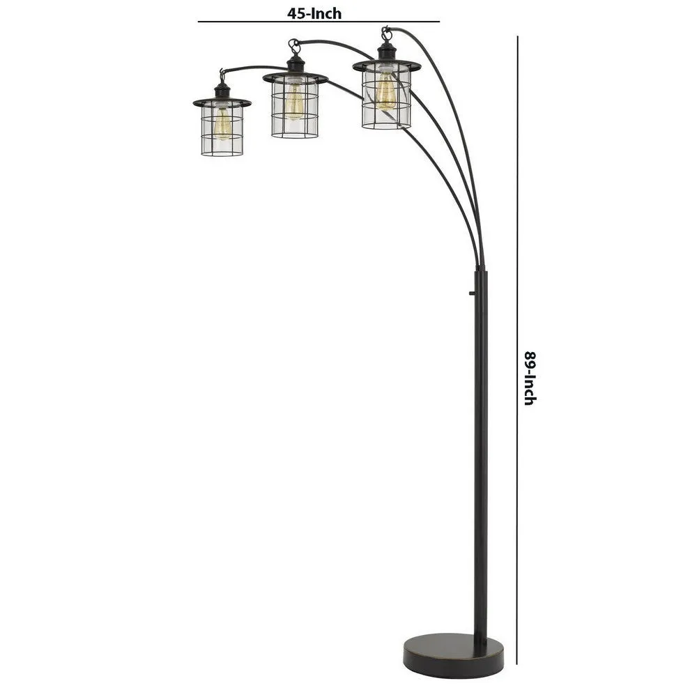 180 Watt Metal Floor Lamp with 3 Arms and Cage Shades, Black By Casagear Home