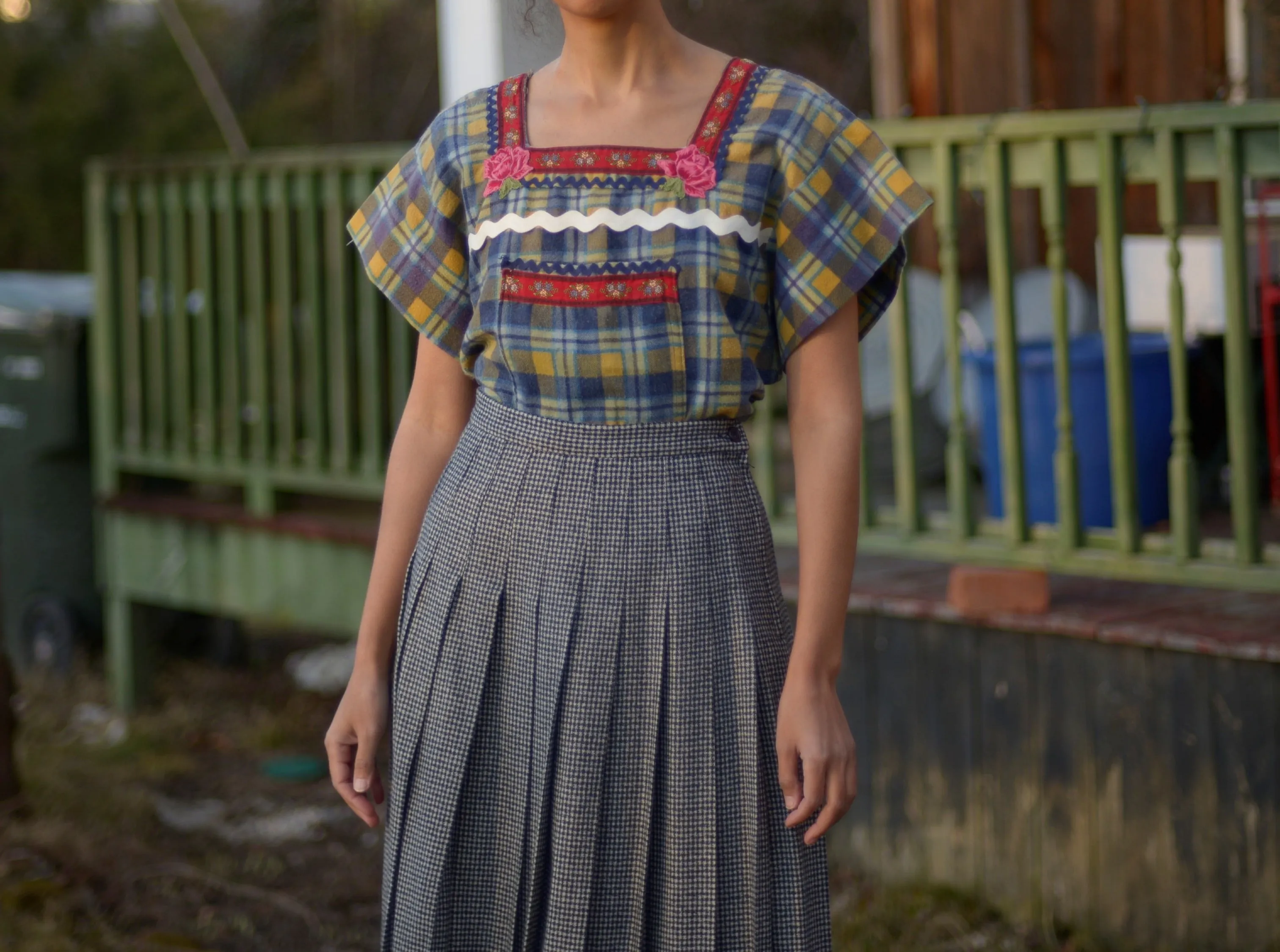 1970s cotton flannel folk blouse with rose appliqués and ribbon, ric rac trimming