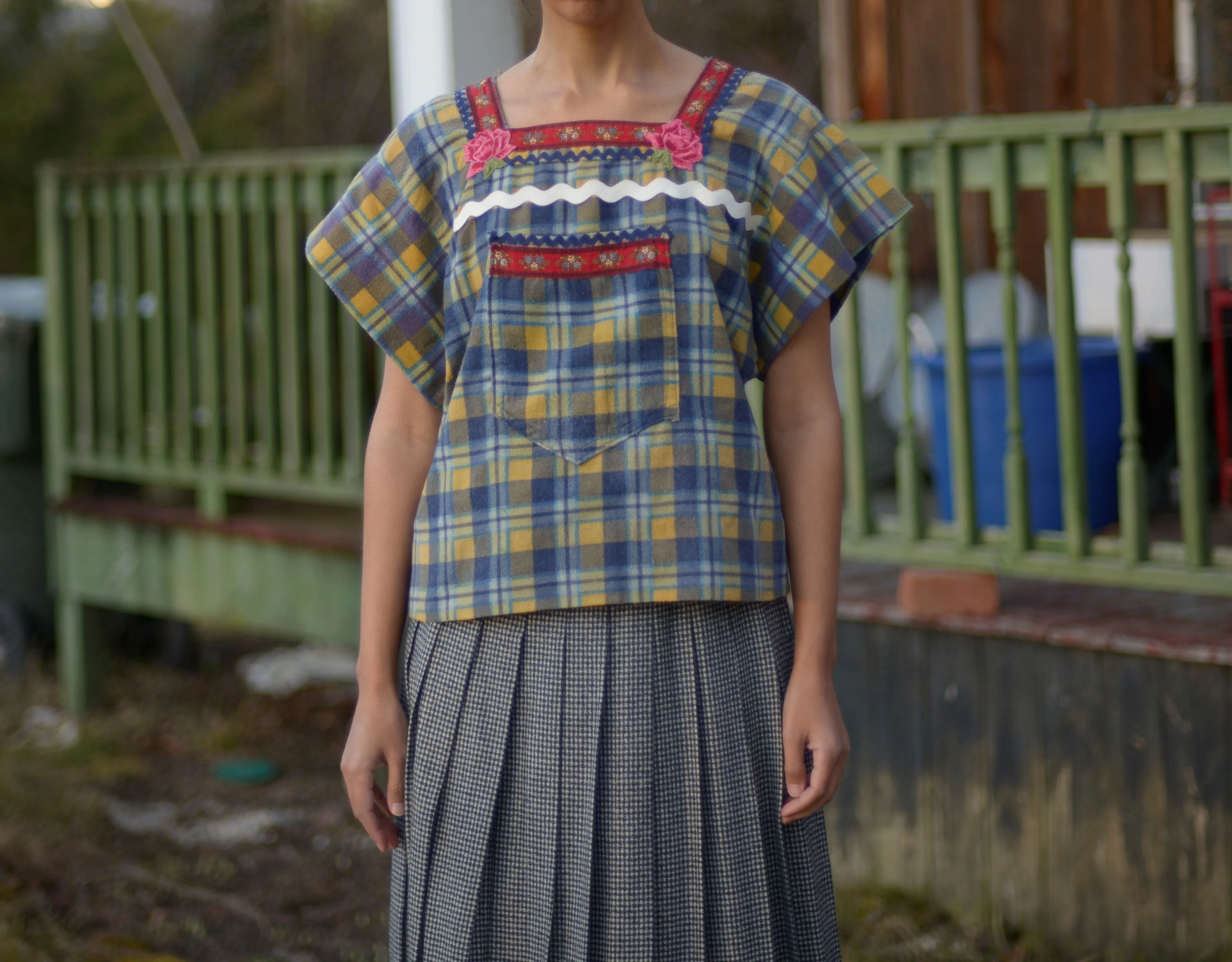 1970s cotton flannel folk blouse with rose appliqués and ribbon, ric rac trimming