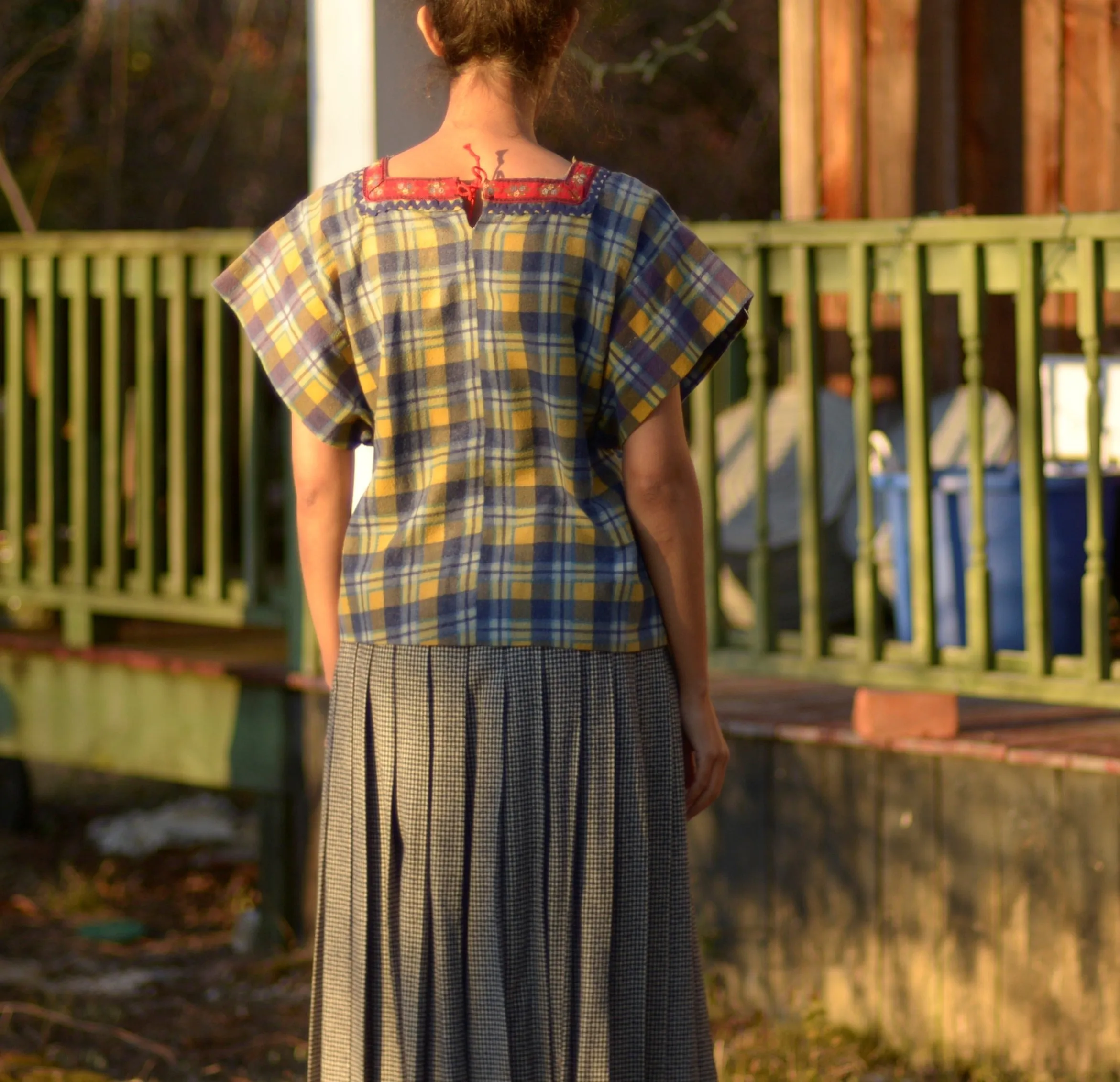 1970s cotton flannel folk blouse with rose appliqués and ribbon, ric rac trimming