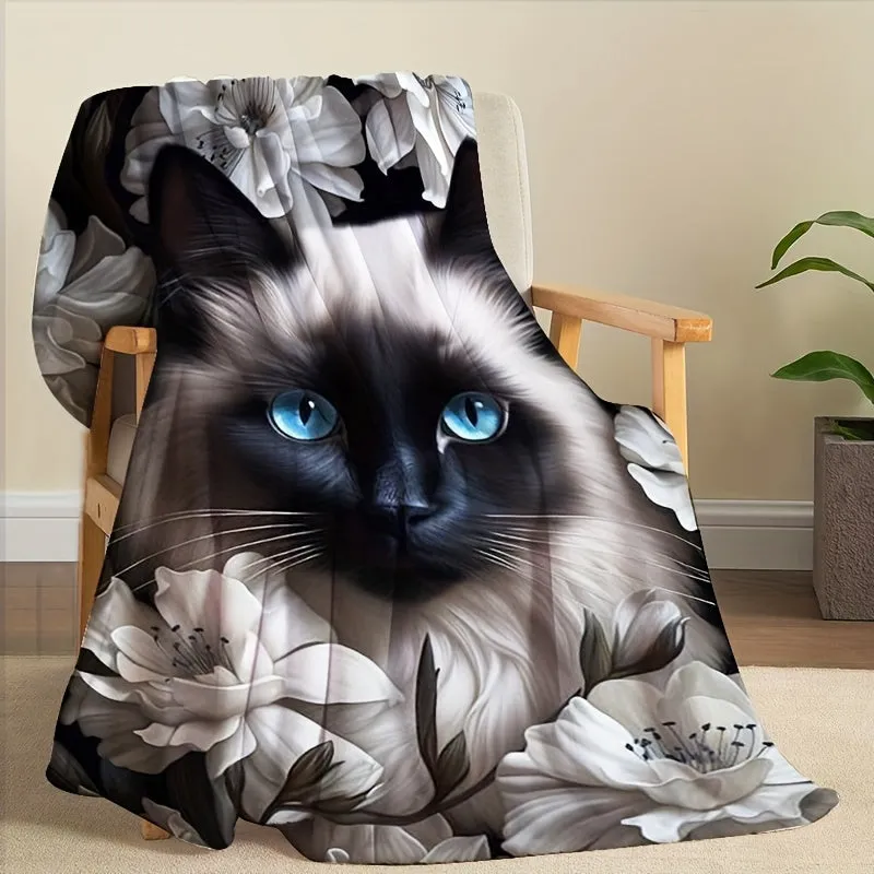 1Pc Creative White Blue Cat Flannel Blanket Comfortable And Soft Throw Blanket Suitable For Adults With Multiple Specifications Four-season Blanket Air Conditioning Nap Leisure Sofa Small Blanket Printed Blanket