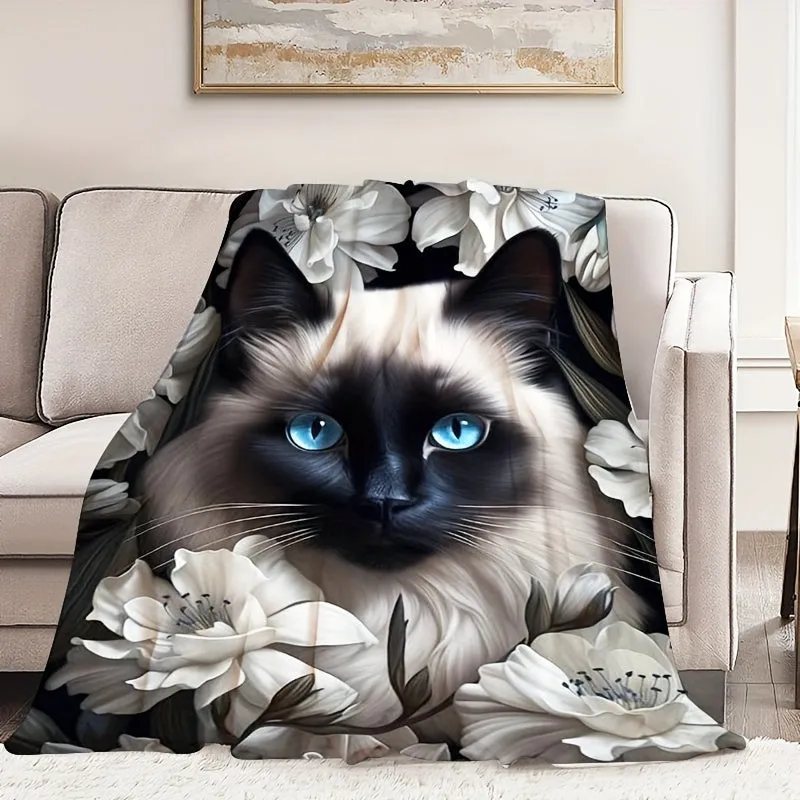 1Pc Creative White Blue Cat Flannel Blanket Comfortable And Soft Throw Blanket Suitable For Adults With Multiple Specifications Four-season Blanket Air Conditioning Nap Leisure Sofa Small Blanket Printed Blanket