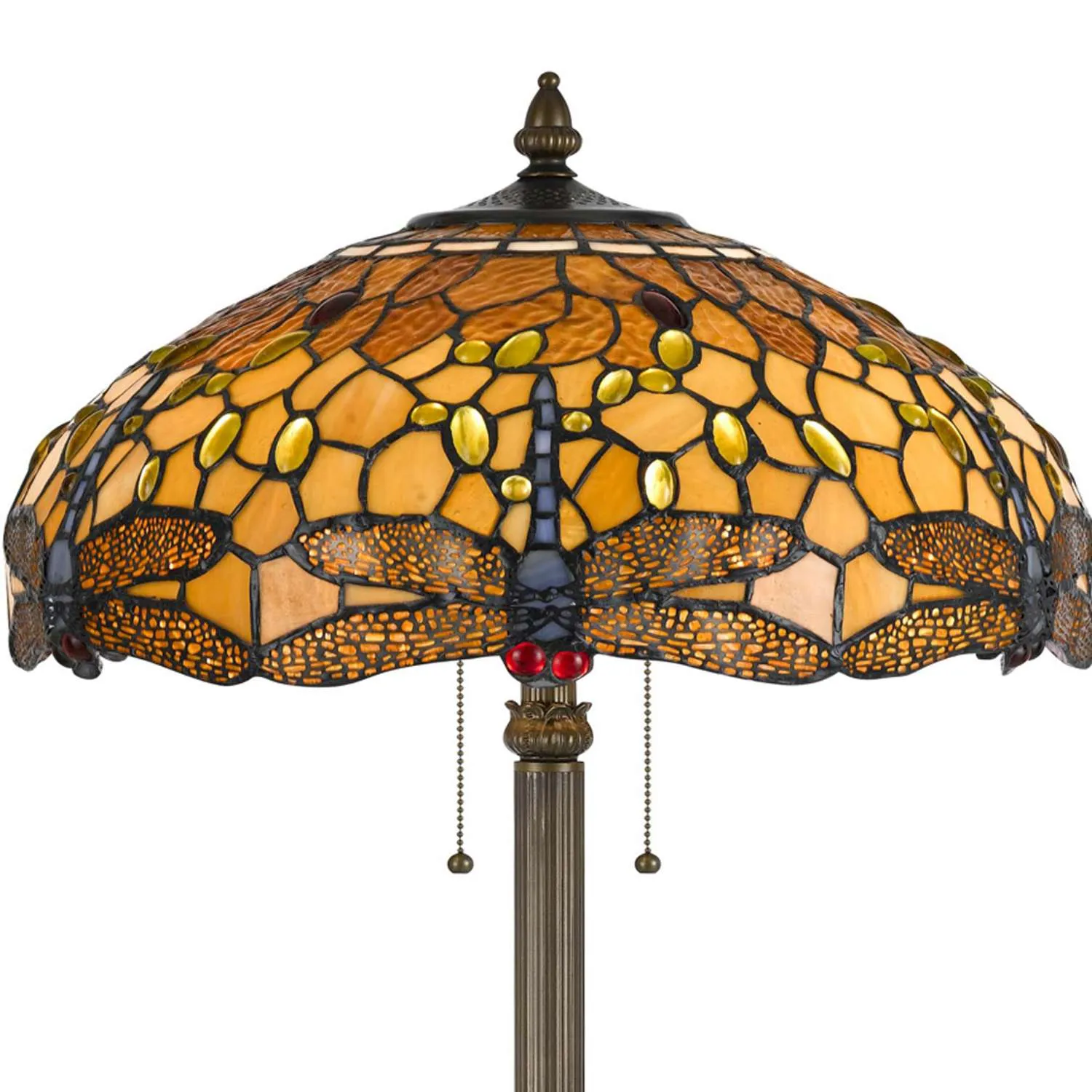 2 Bulb Tiffany Floor Lamp With Dragonfly Design Shade, Multicolor By Benzara