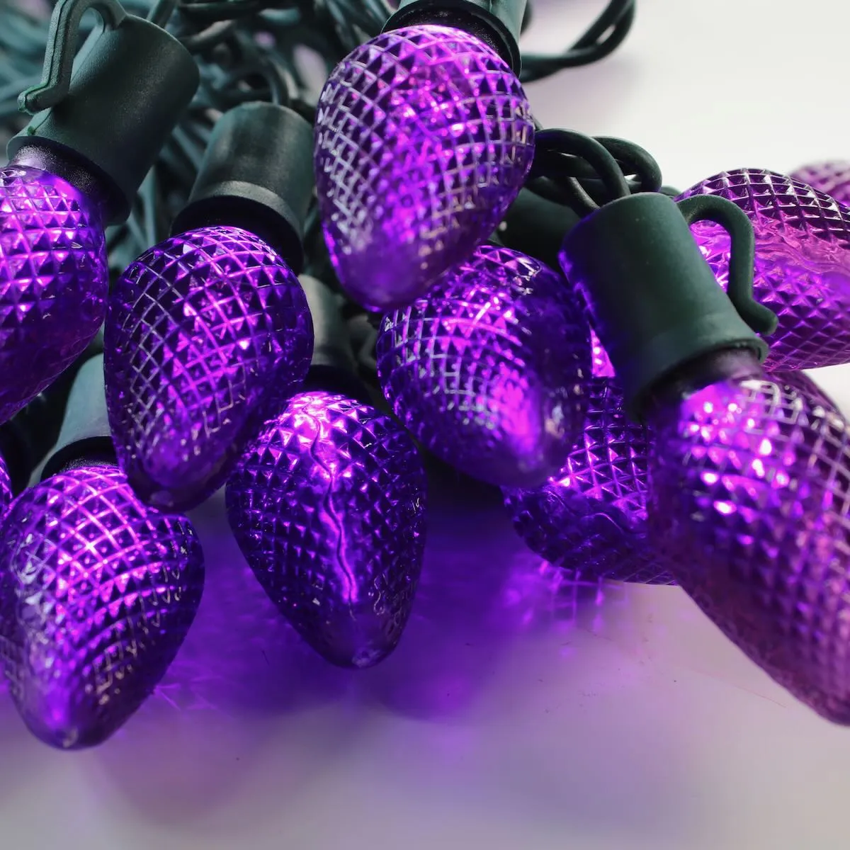 25-light C7 Purple LED Christmas Lights, 8" Spacing Green Wire