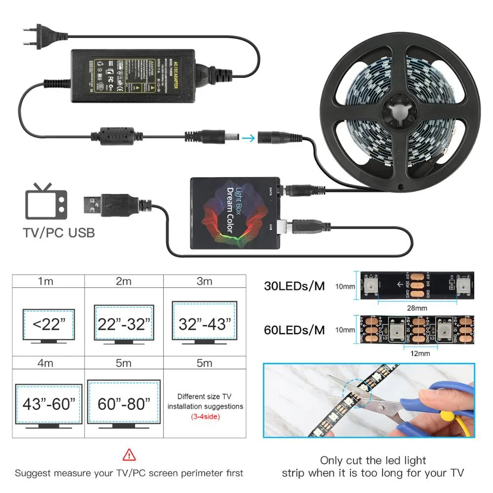 5V WS2812B USB LED Strip light 5050 RGB Dream Color Ambient TV Kit for Desktop PC Screen Background lighting 1M 2M 3M 4M 5M