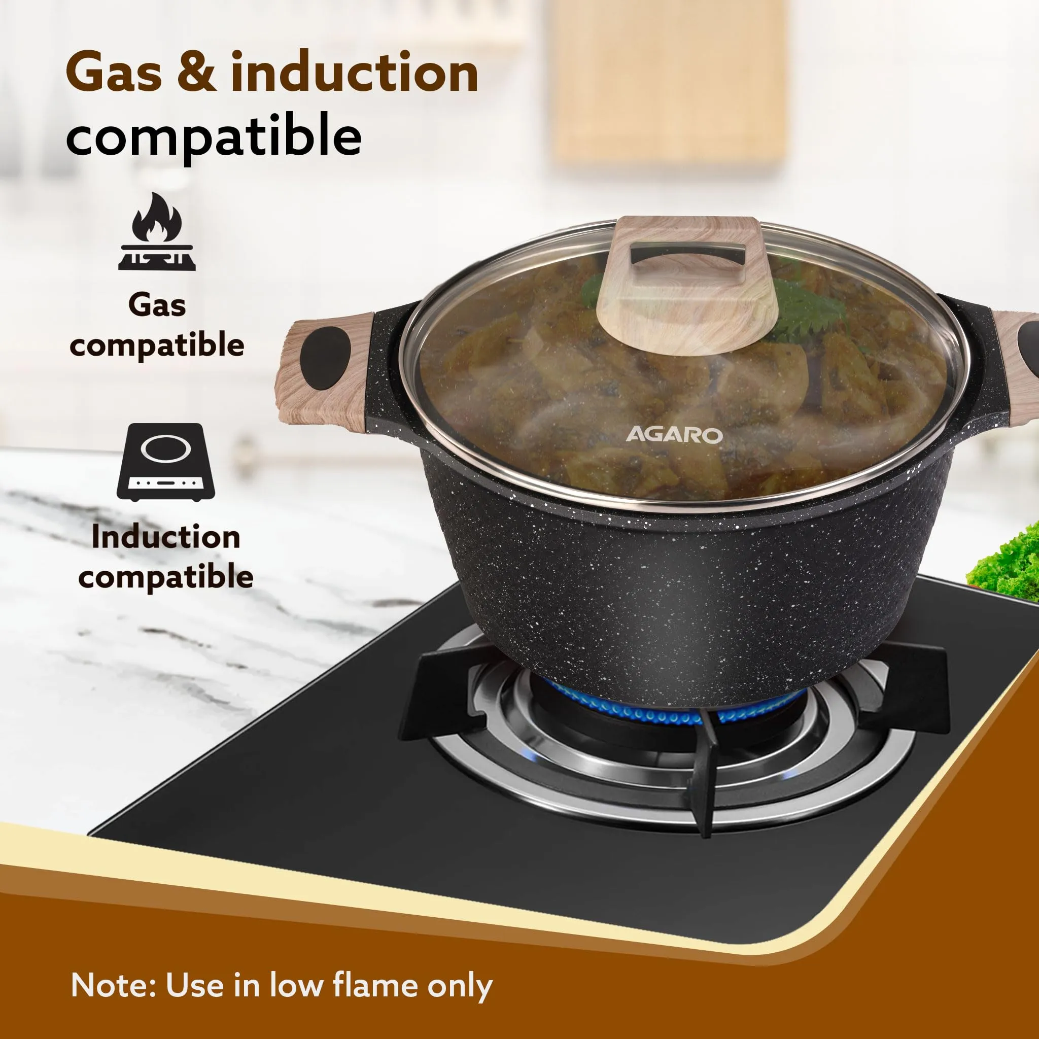 AGARO Imperial Granite Non Stick Cookware Set, 4pcs Cookware Set, 24cm Fry Pan & Casserole with Lid, 16cm Sauce pan with Lid, 28cm Deep Fry Pan with Lid, Cast Aluminium, Gas & Induction Compatible.