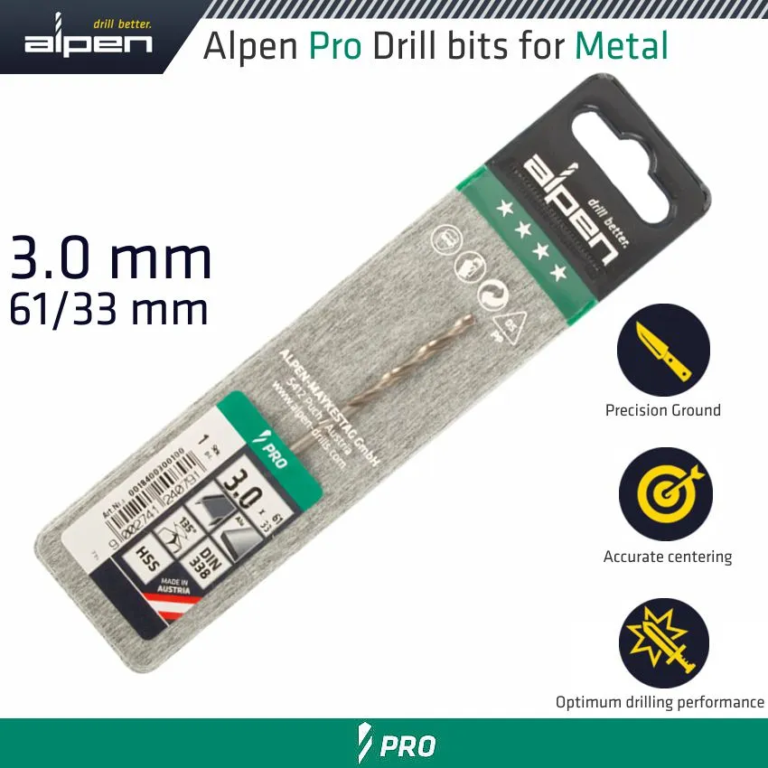 ALPEN ALPEN PRO HSS 3MM DRILL DIN 338 RN 135 SPLIT POINT PLASTIC WALLET  (1 ALP1840030