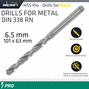 ALPEN ALPEN PRO HSS 6.5MM DRILL DIN 338 RN 135 SPLIT POINT PLASTIC WALLET ALP1840065