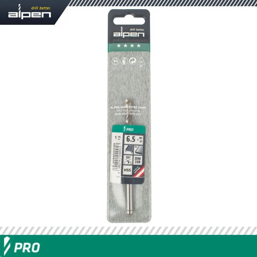 ALPEN ALPEN PRO HSS 6.5MM DRILL DIN 338 RN 135 SPLIT POINT PLASTIC WALLET ALP1840065