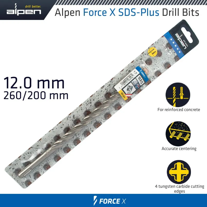 ALPEN FORCE X 12.0 x 260/200  SDS-PLUS DRILL BIT X4 CUTTING EDGES ALP835012