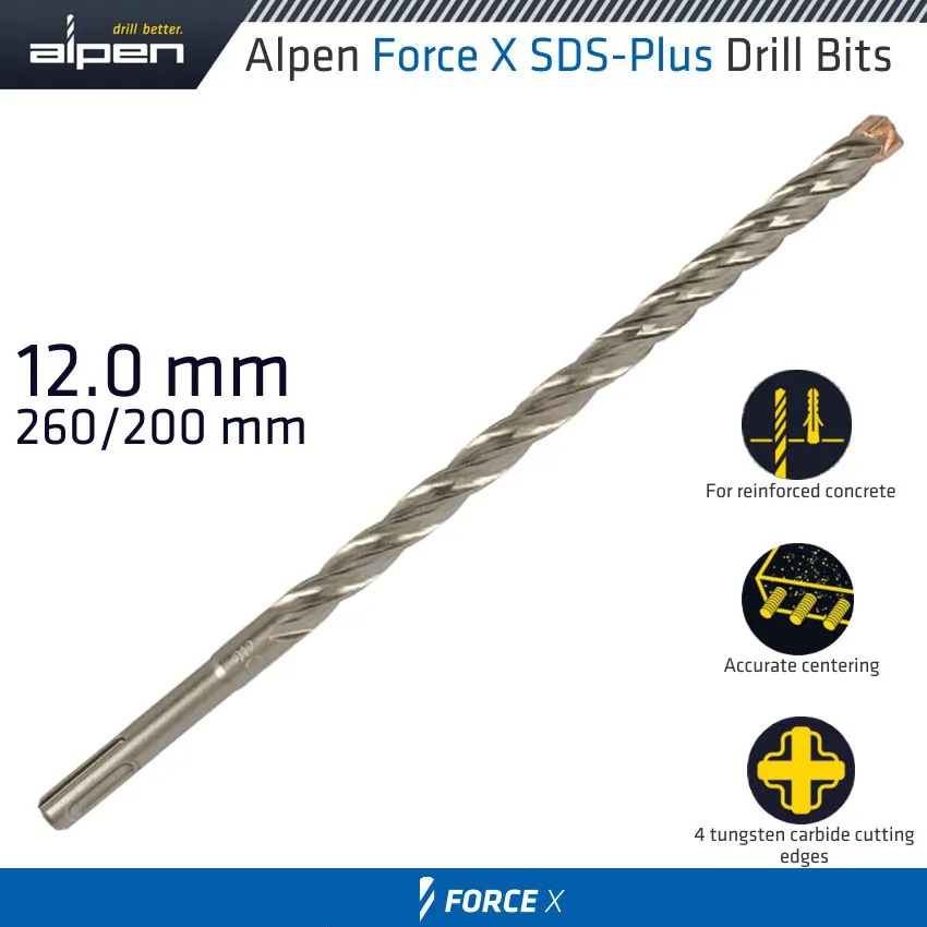 ALPEN FORCE X 12.0 x 260/200  SDS-PLUS DRILL BIT X4 CUTTING EDGES ALP835012