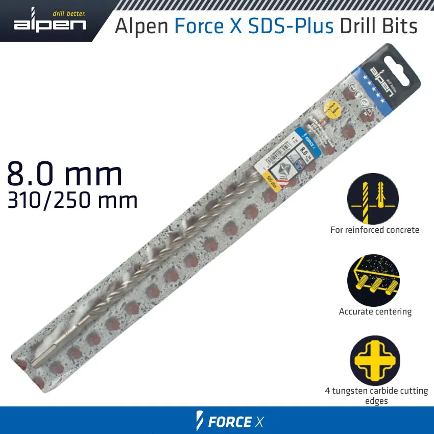 ALPEN FORCE X 8.0 x 310/250 SDS-PLUS DRILL BIT X4 CUTTING EDGES ALP845008