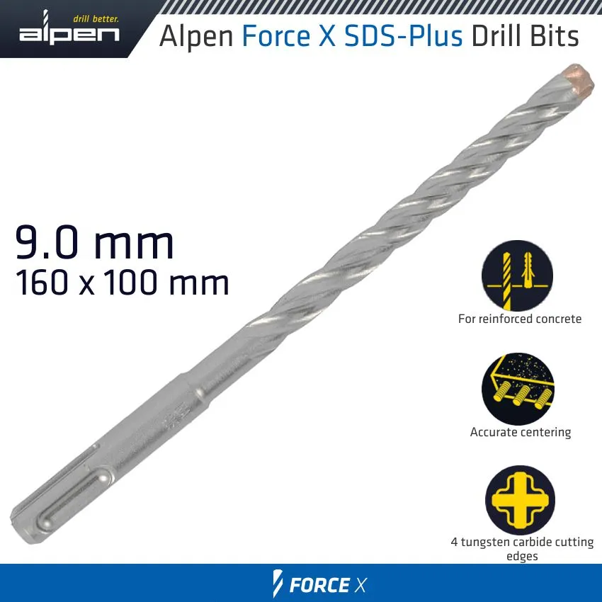 ALPEN FORCE X 9.0 x 160/100 SDS-PLUS DRILL BIT X4 CUTTING EDGES ALP815009