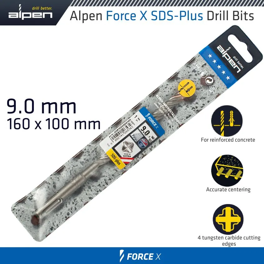 ALPEN FORCE X 9.0 x 160/100 SDS-PLUS DRILL BIT X4 CUTTING EDGES ALP815009