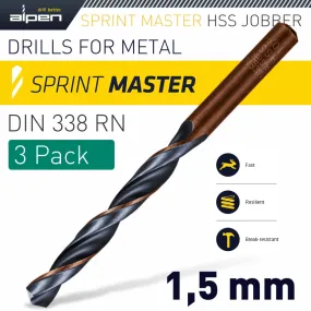 ALPEN HSS SPRINT MASTER  1.5MM X3 SLEEVED DIN338 ALPEN DRILL BIT ALP6180015