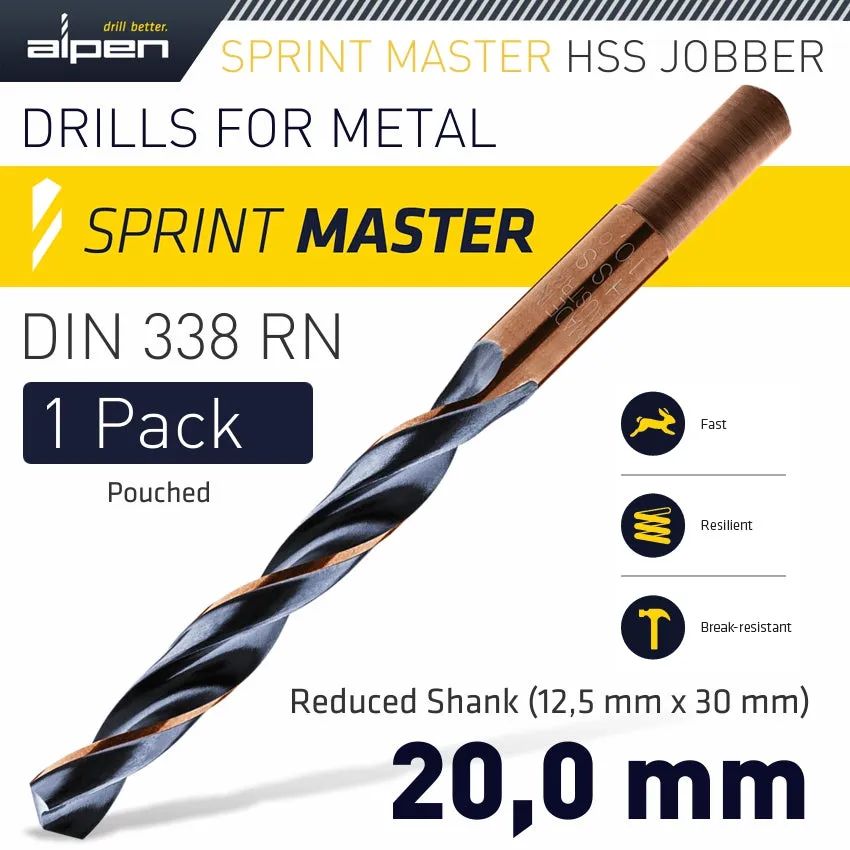 ALPEN HSS SPRINT MASTER 20.0MM RED SHANK 12.5MM X1 SLEEVED DIN338 ALPEN DRIL ALP6480200