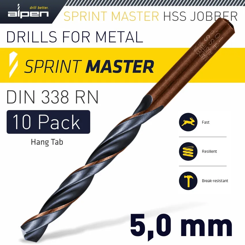 ALPEN HSS SPRINT MASTER 5.0MM 10-PACK HANG TAG DIN 338 ALPEN DRILL BITS ALP6310050