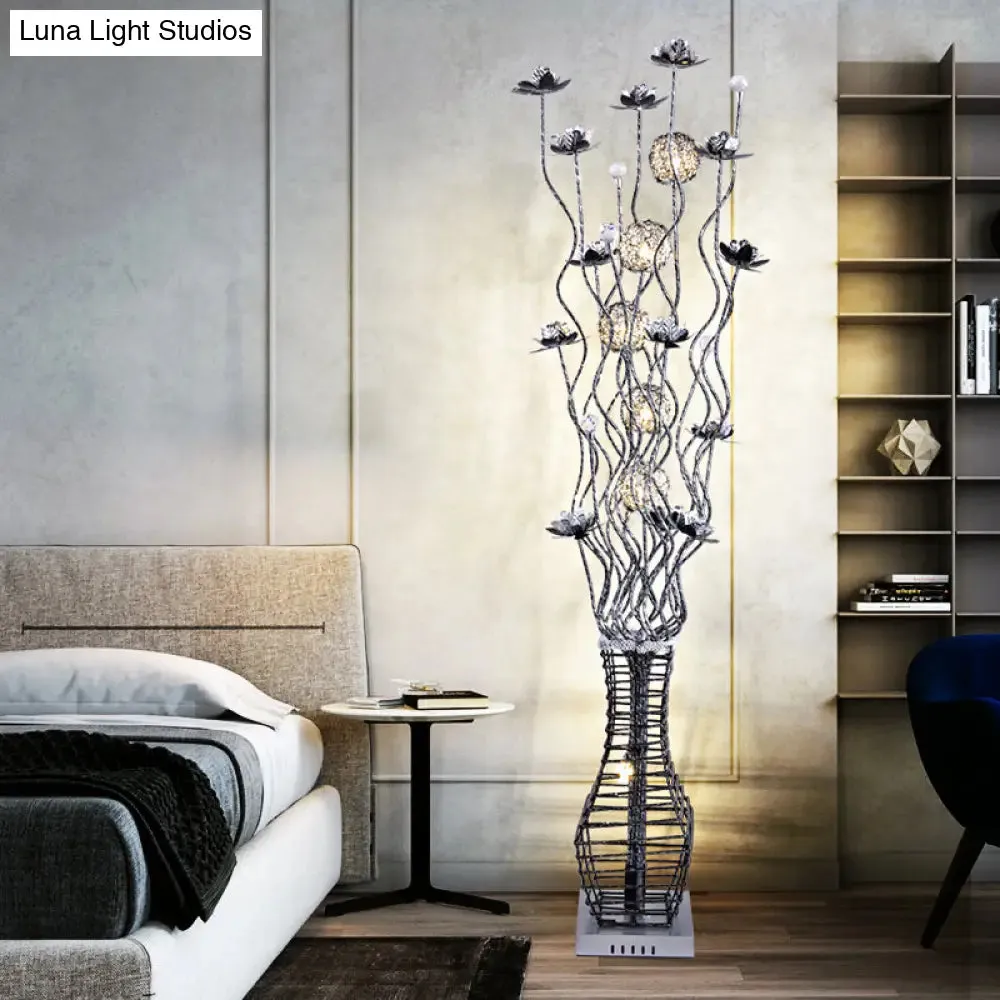 Aluminum Tree Branch LED Floor Lamp with Vase Pedestal - Stylish Bedside Light in Black and Silver/Red