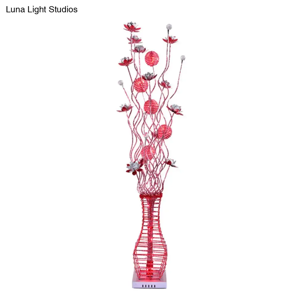 Aluminum Tree Branch LED Floor Lamp with Vase Pedestal - Stylish Bedside Light in Black and Silver/Red