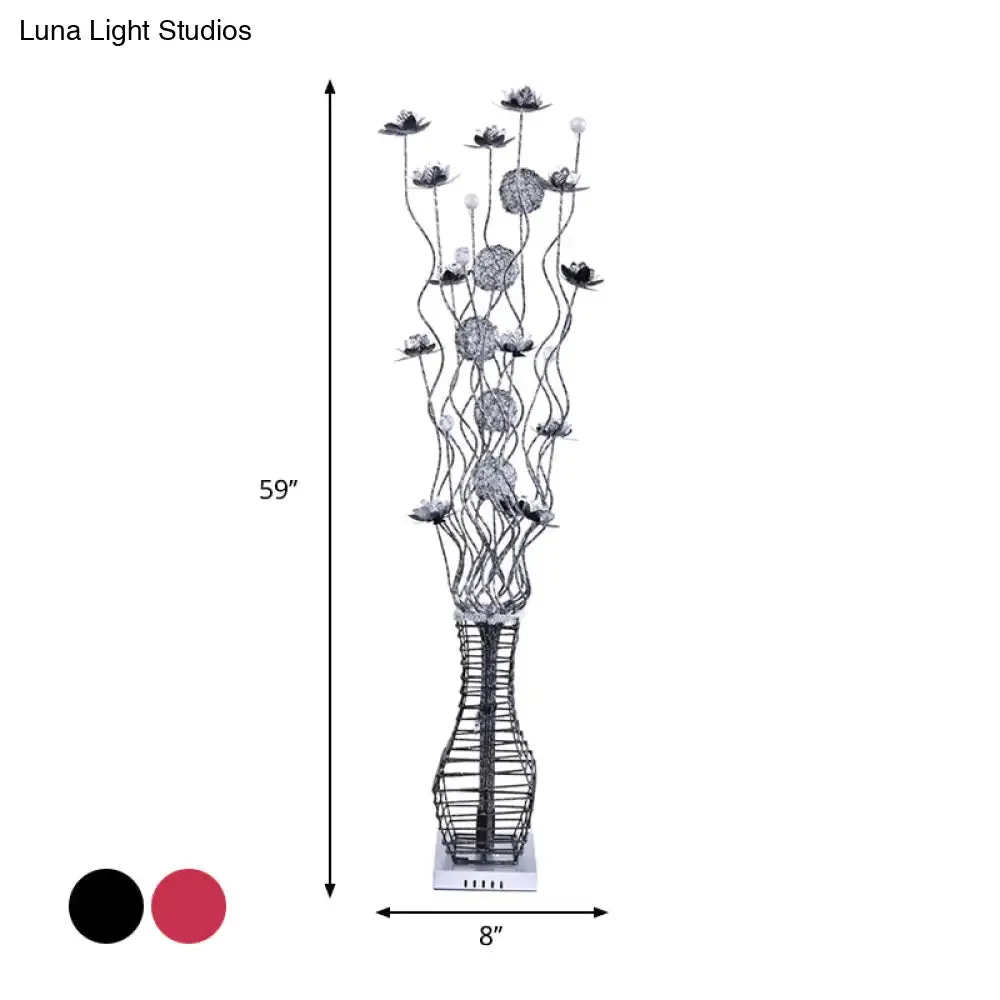 Aluminum Tree Branch LED Floor Lamp with Vase Pedestal - Stylish Bedside Light in Black and Silver/Red