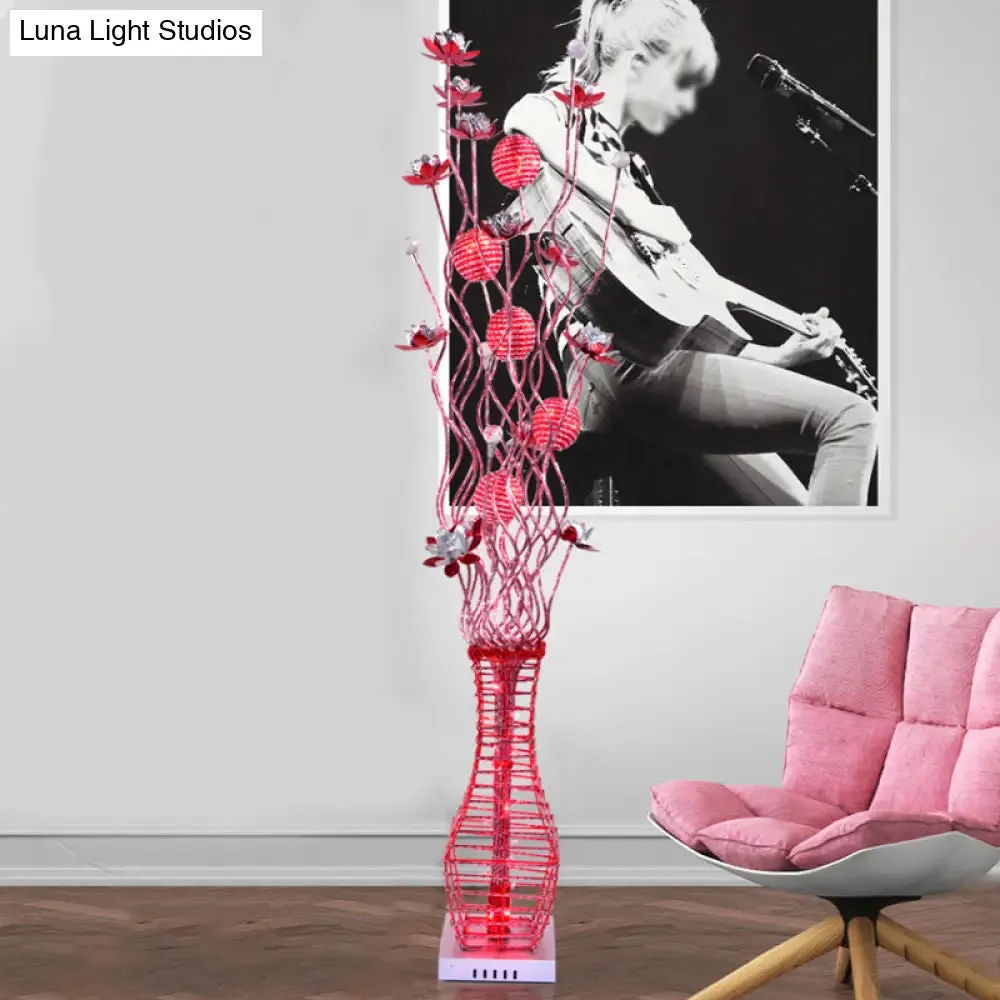 Aluminum Tree Branch LED Floor Lamp with Vase Pedestal - Stylish Bedside Light in Black and Silver/Red