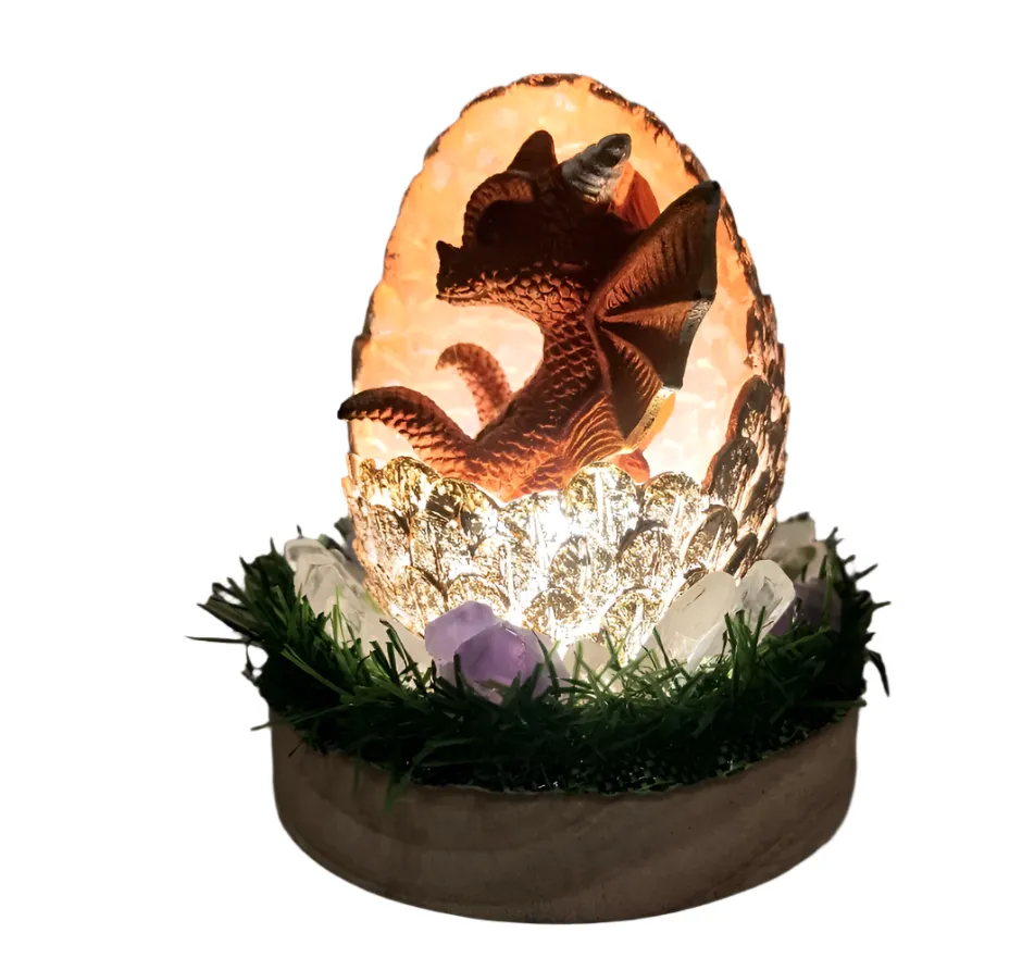 Amethyst Crystal Baby Dragon in an Egg Wood Base Light