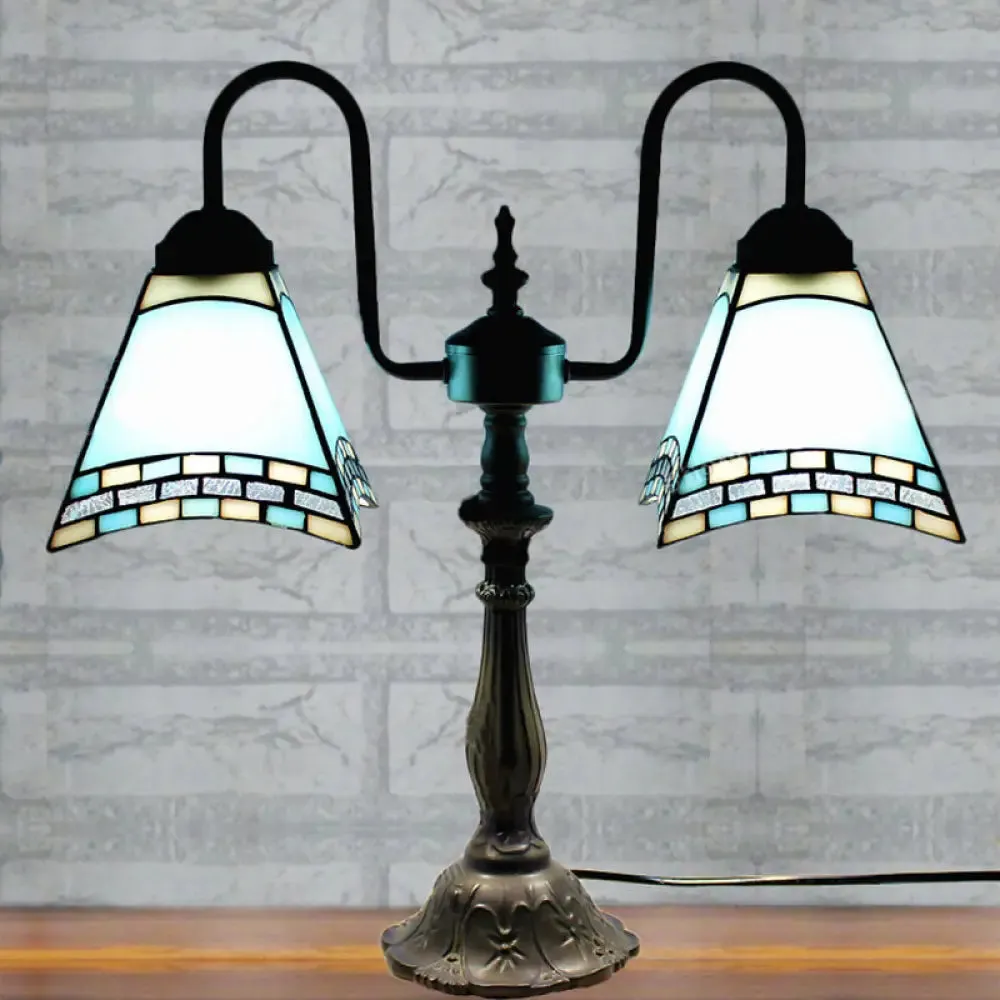 Antique Tiffany Desk Lamp in Blue/White - Office Craftsman Shade, Reading Light, Art Glass, 2 Lights - Perfect for Bedside