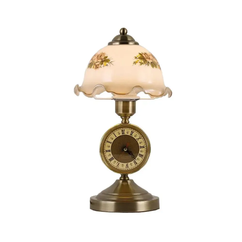 Antiqued Brass Night Lamp with Roman Clock Base - American Flower Design, White Glass Dome Table Lighting