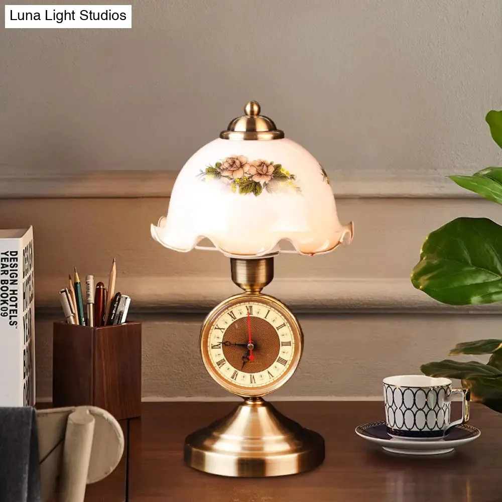 Antiqued Brass Night Lamp with Roman Clock Base - American Flower Design, White Glass Dome Table Lighting