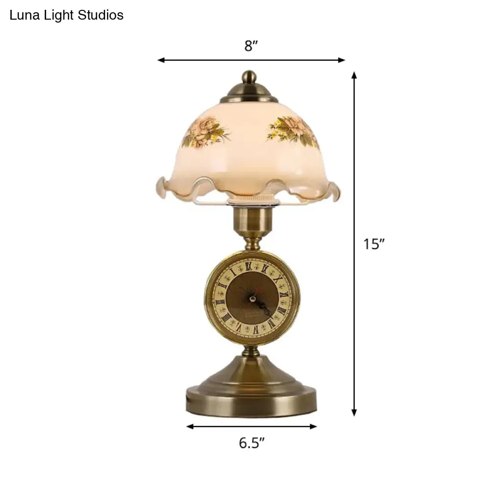 Antiqued Brass Night Lamp with Roman Clock Base - American Flower Design, White Glass Dome Table Lighting