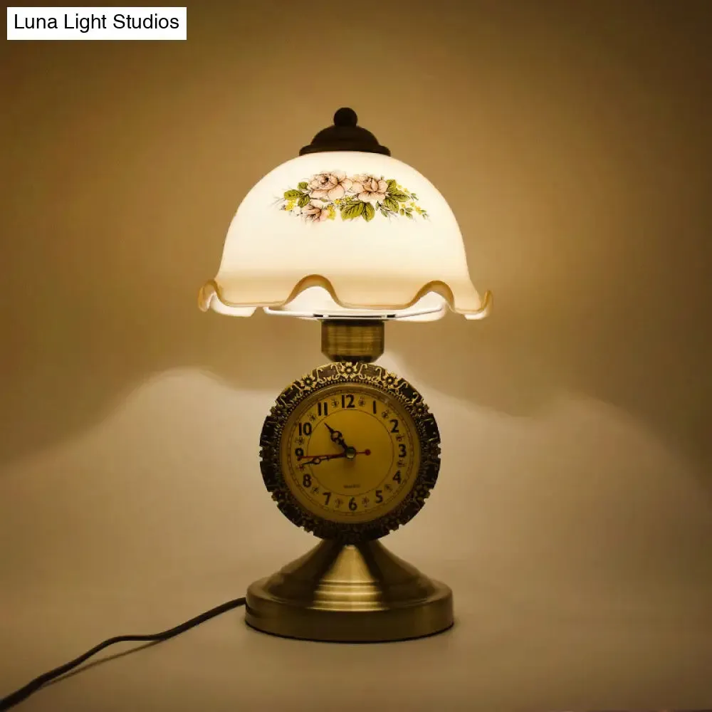 Antiqued Brass Night Lamp with Roman Clock Base - American Flower Design, White Glass Dome Table Lighting