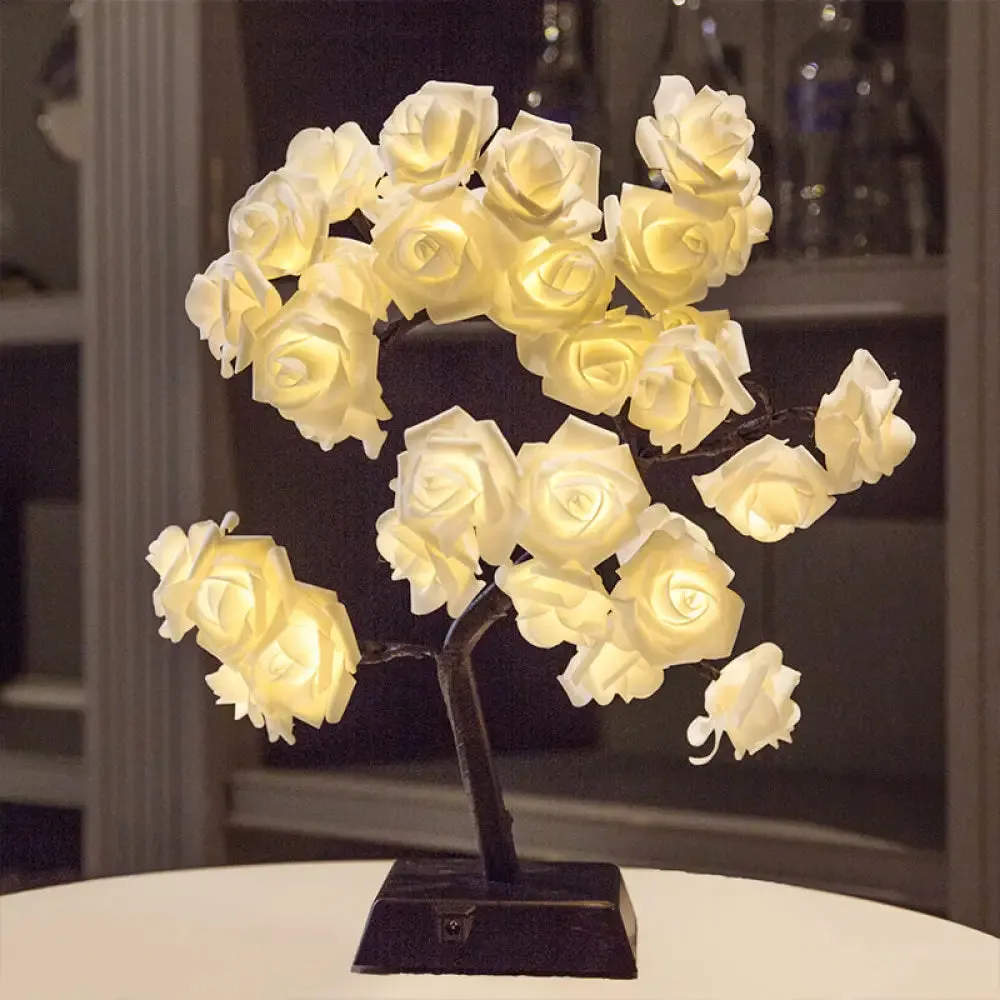 Art Deco LED Nightstand Light - Plastic White Rose Design for Restaurants