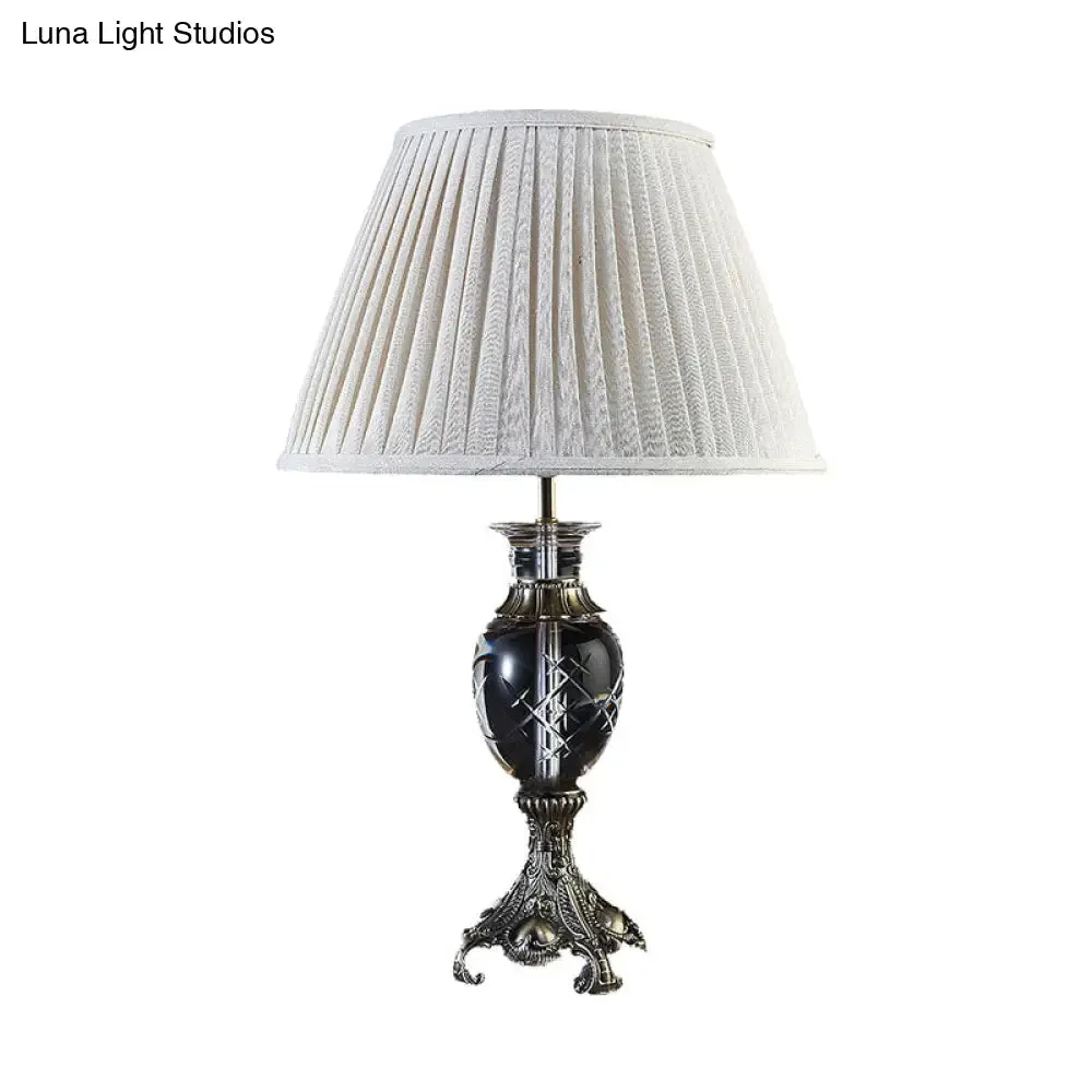 Beige Lodge Table Lamp with Clear Crystal Pleated Shade - Nightstand Light for Bedroom