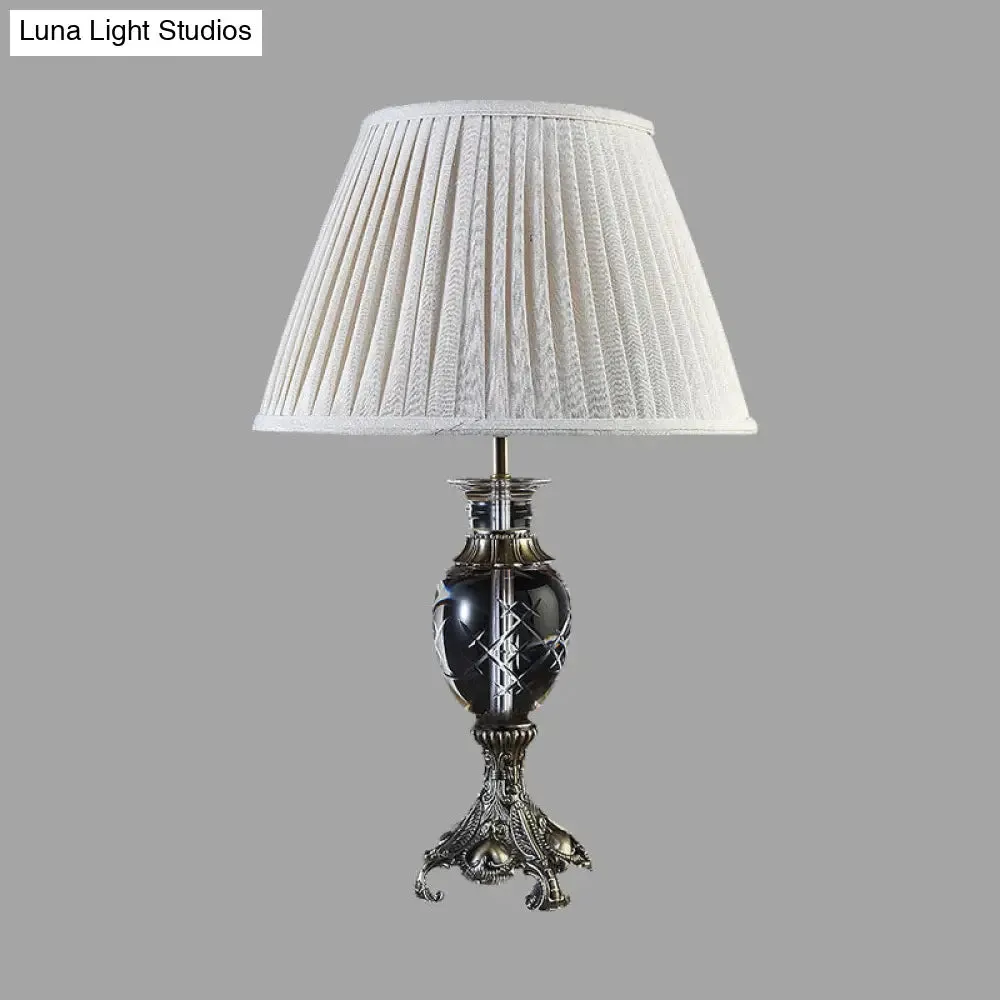 Beige Lodge Table Lamp with Clear Crystal Pleated Shade - Nightstand Light for Bedroom