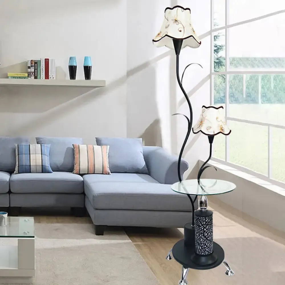 Black/White Iron Branch Standing Lamp with Floral Shade - Countryside Style Floor Light (2 Bulbs)