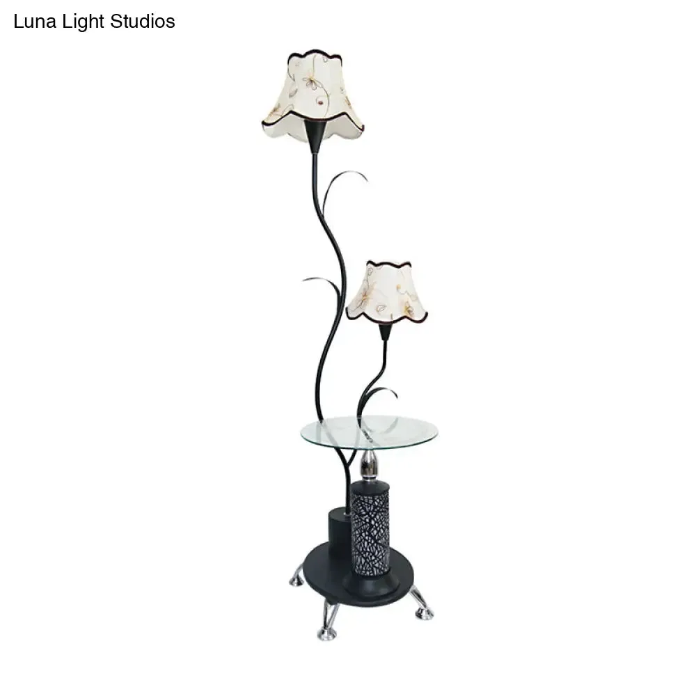 Black/White Iron Branch Standing Lamp with Floral Shade - Countryside Style Floor Light (2 Bulbs)