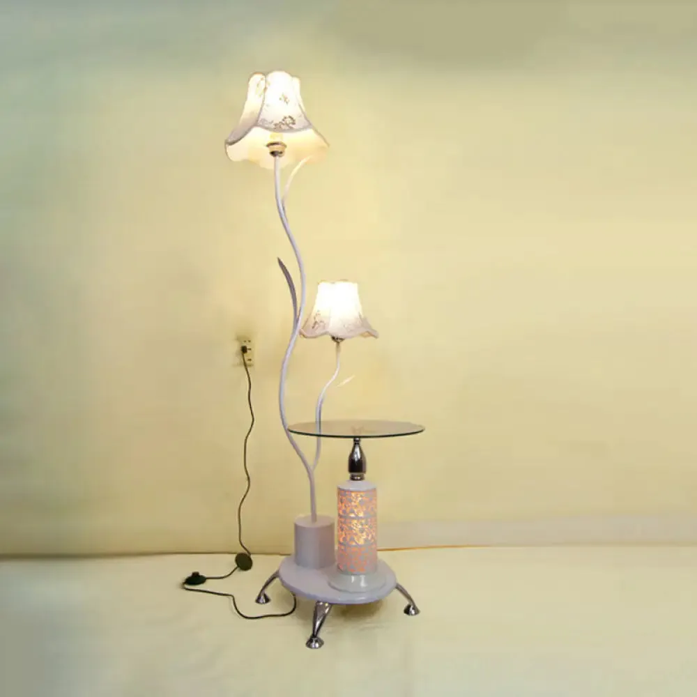 Black/White Iron Branch Standing Lamp with Floral Shade - Countryside Style Floor Light (2 Bulbs)