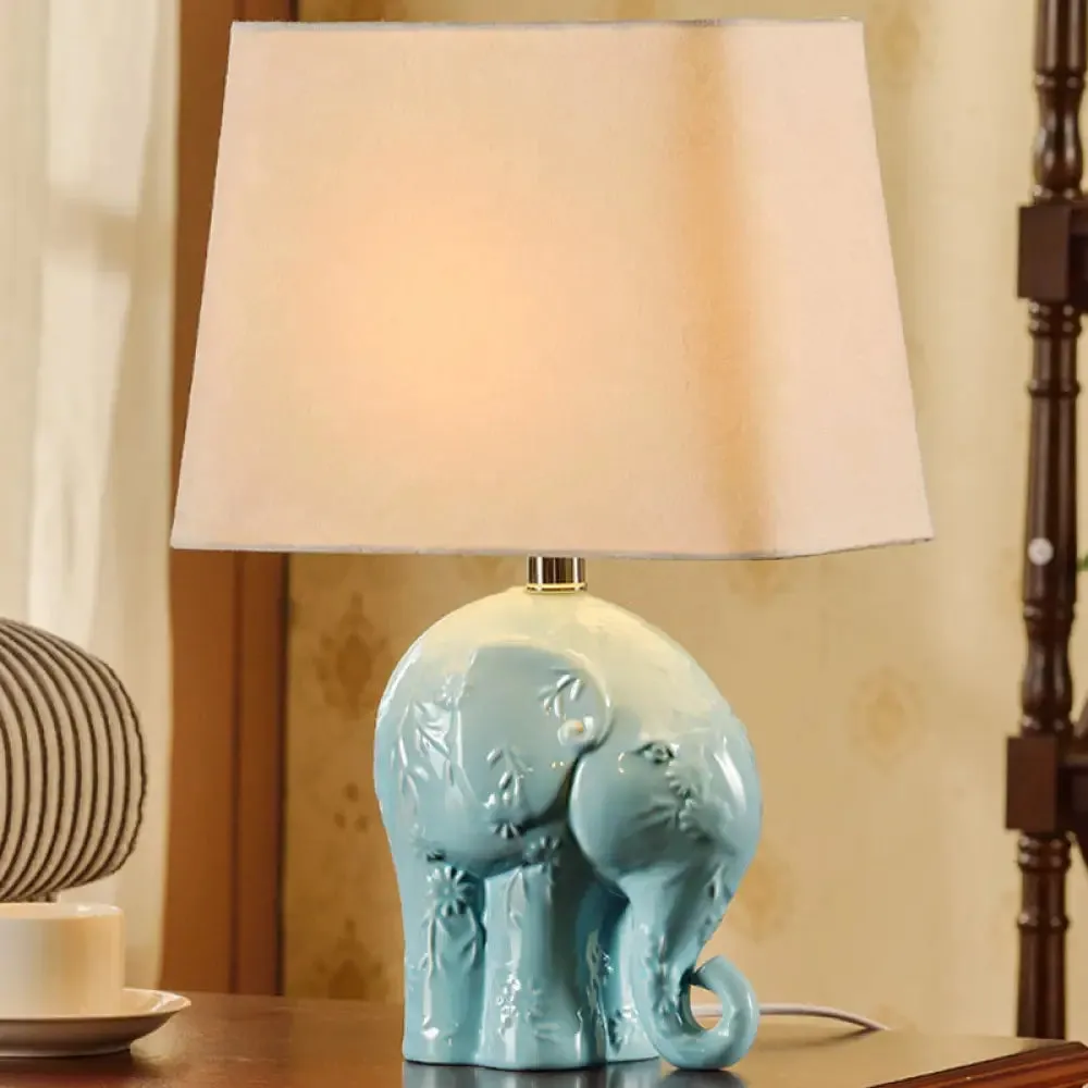 Blue Ceramic Elephant Table Lamp - Farmhouse Night Light with Trapezoid Fabric Shade