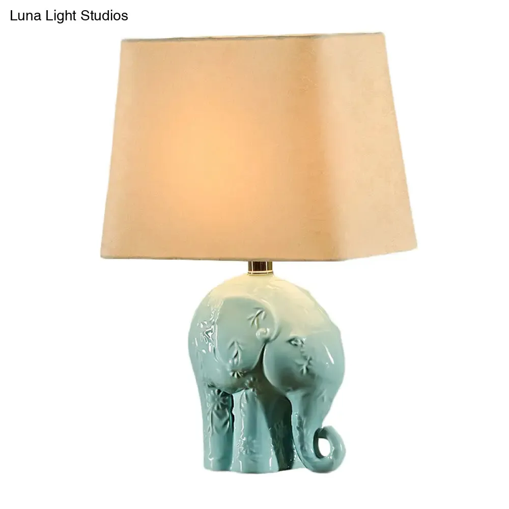 Blue Ceramic Elephant Table Lamp - Farmhouse Night Light with Trapezoid Fabric Shade