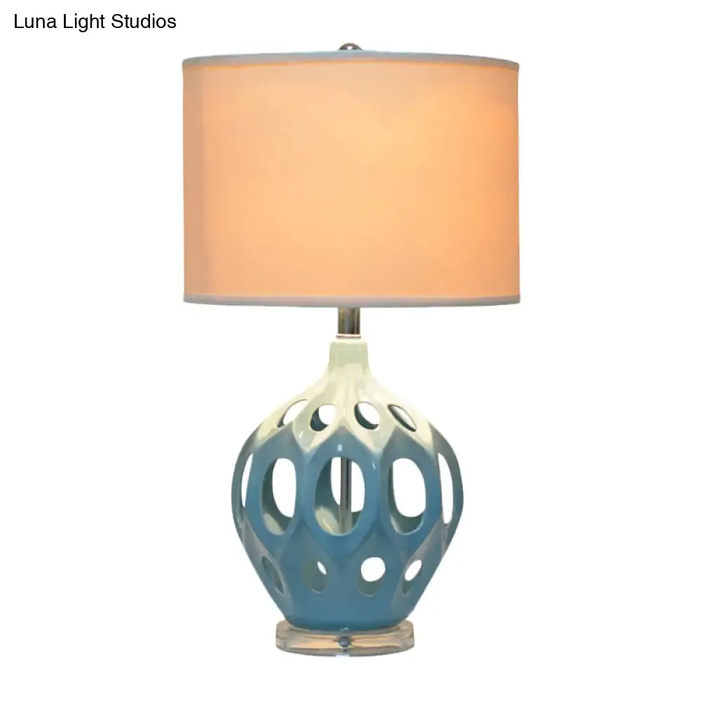 Blue Ceramic Hollowed Out Night Light Table Lamp with Fabric Shade - Traditional Single Living Room Lamp