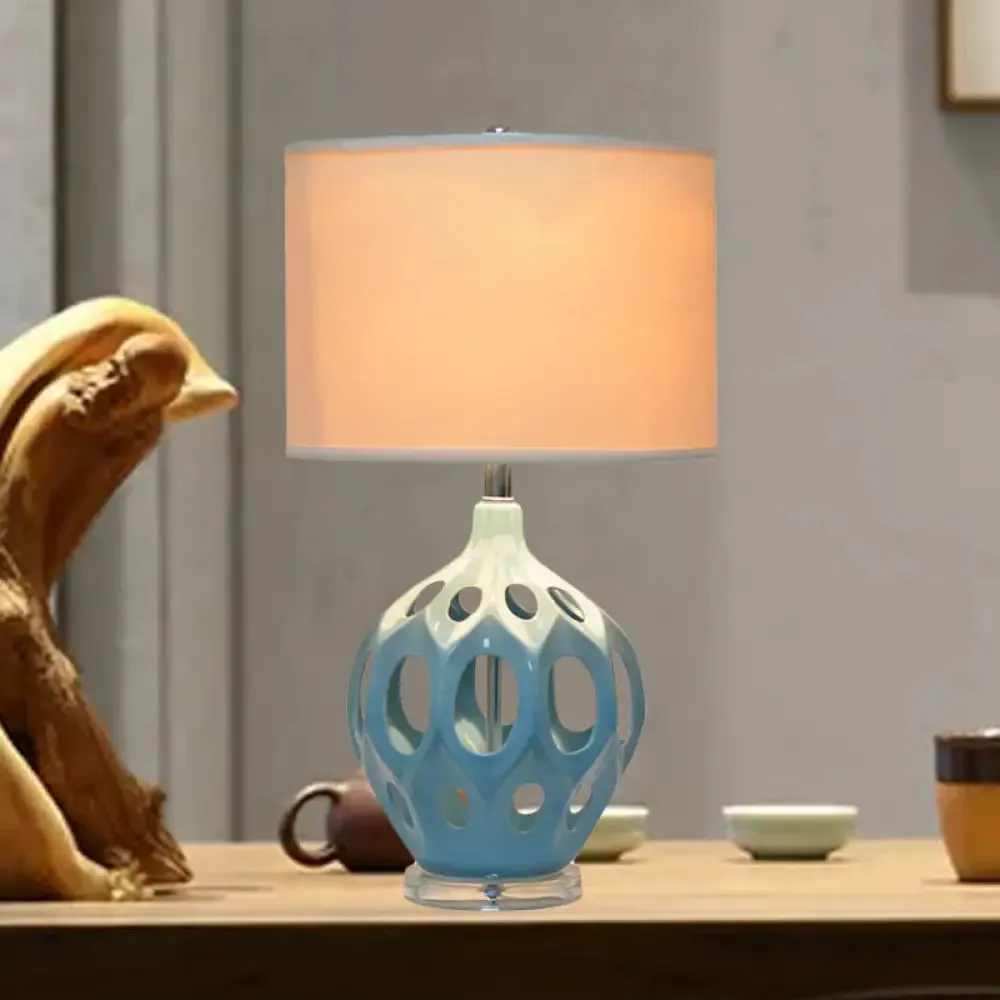 Blue Ceramic Hollowed Out Night Light Table Lamp with Fabric Shade - Traditional Single Living Room Lamp