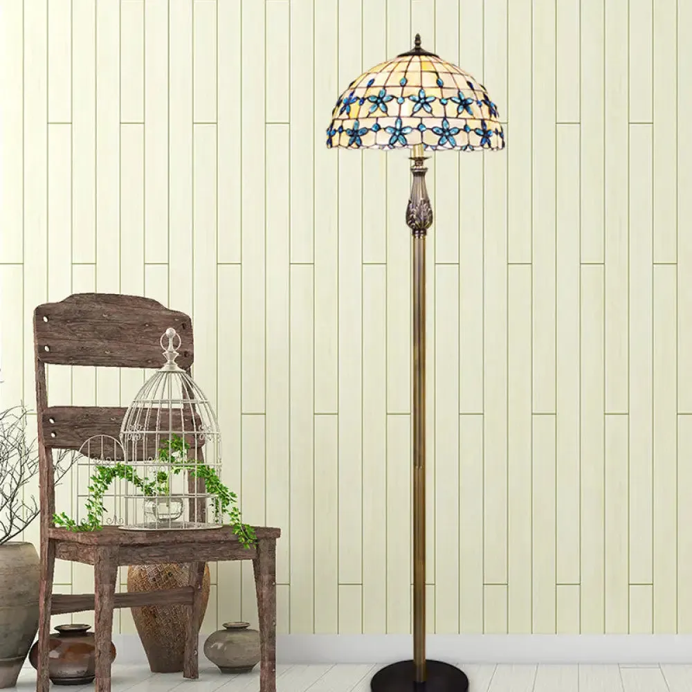 Blue Grid Dome Shell Baroque Floor Lamp with 2 Heads and Floret Pattern