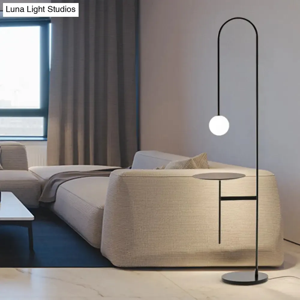 Bow Shaped Minimalist Iron Floor Lamp with Milk Glass Shade and Table - Black Stand Up Lighting