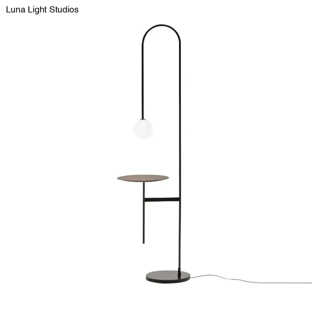 Bow Shaped Minimalist Iron Floor Lamp with Milk Glass Shade and Table - Black Stand Up Lighting